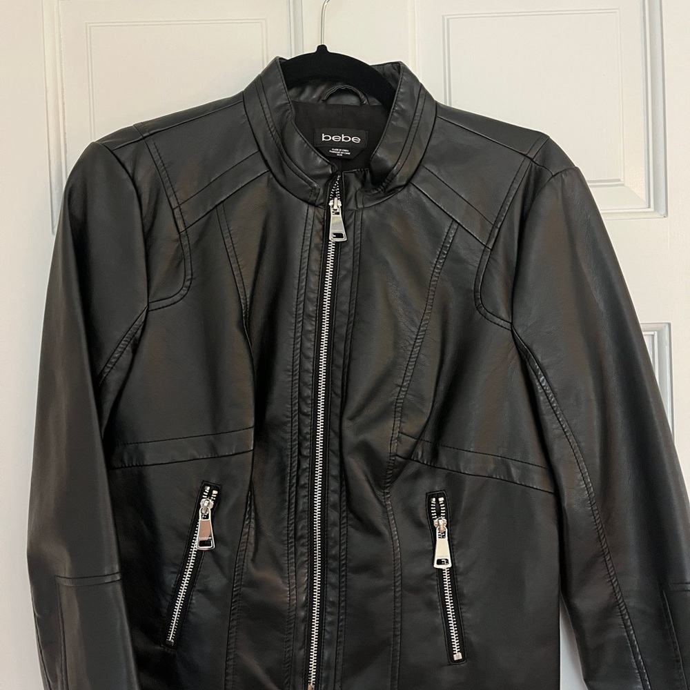 bebe Black Faux Leather Zip Jacket with Silver Hardware